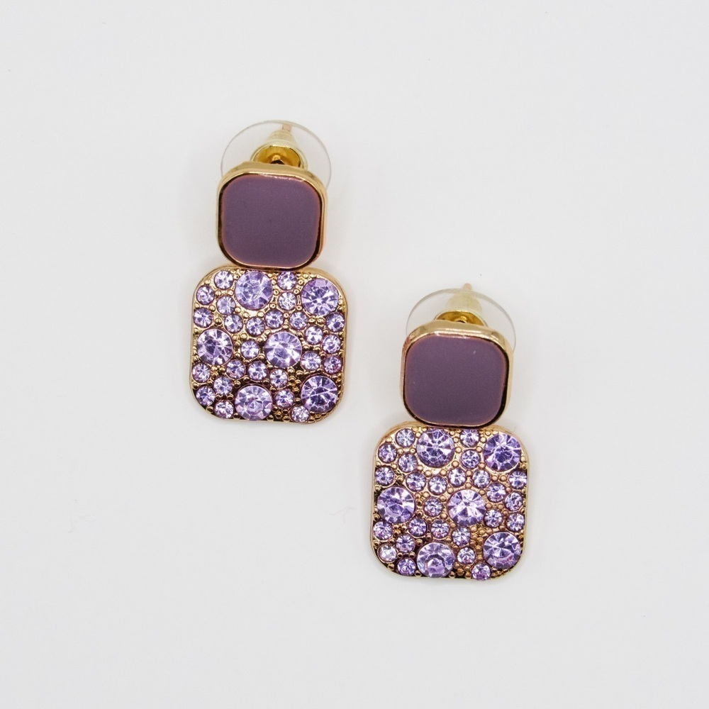 Purple Gold Jewel Square Dangle Statement Earrings